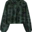 ZAFUL Women's Tribal Ethnic Graphic Cropped Knitwear Bohemian Long Sleeve Pullover Sweater Boho Drop Shoulder Knitted Top (Medium, Green)