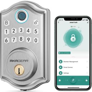 AkaGear Keyless Entry Door Lock with Fingerprint - Electronic Keypad Deadbolt, Smart Locks for Front Door, Auto-Lock & One Touch Locking with Bluetooth, Password Code, APP Control, Satin Nickel