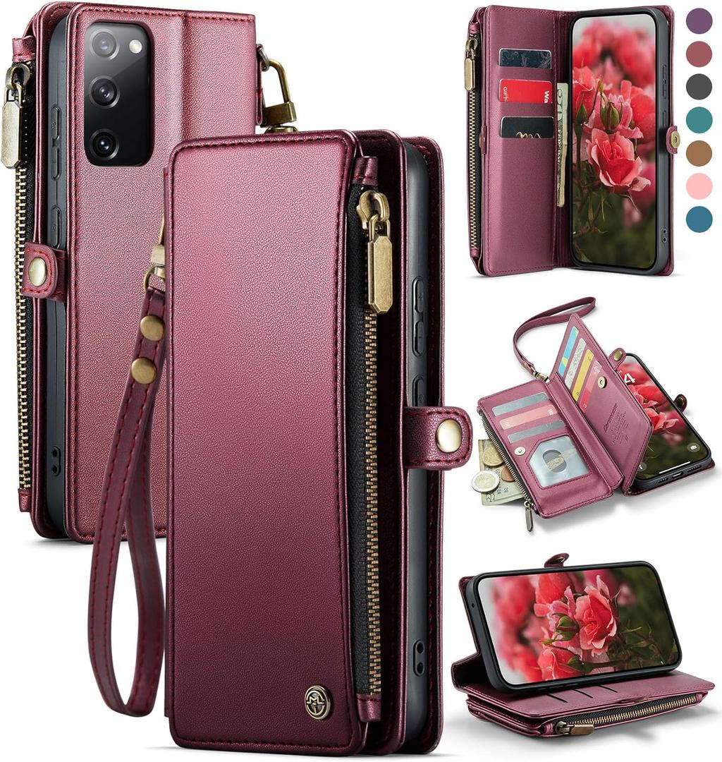 Defencase Compatible with Samsung Galaxy S20 FE 5G Case Wallet with RFID Blocking Card Holder for Women, PU Leather Magnetic Snap Flip Zipper Strap Wallet Phone Case Fit for Galaxy S20 FE 5G, Wine Red