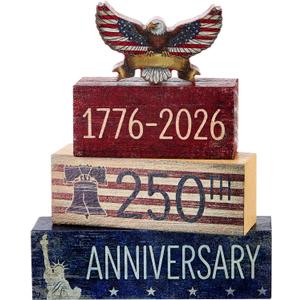 2 x Gerrii 4 Pcs 4th of July Table Decor, Vintage 250th Anniversary Decorations, Patriotic Wooden Sign, Memorial Day Tabletop Tiered Tray for Independence Day Home & Office Party Shelf Display