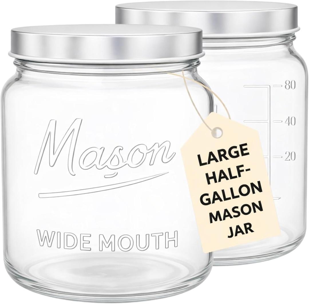 Kitchentoolz 64 oz Mason Jars Wide Mouth 2-Pack Half Gallon Glass Jar with Lid Large Mason Jars with Lids for Food Storage, Canning, and Fermenting