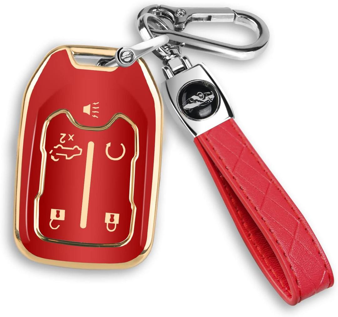 For GMC Key Fob Cover with Keychain,Compatible with Chevy Silverado & GMC Sierra Acadia Terrain 1500 2500HD 3500HD (Gold/Red)