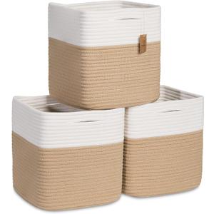 NaturalCozy Storage Cubes 11 Inch Cotton Rope Woven Baskets for Organizing, 3-Pack | Cube Storage Bin | Square Storage Baskets for Shelves Organizer, Classroom, Kids Toy Bins, Closet, Baby Nursery (Off White & Tan Brown)