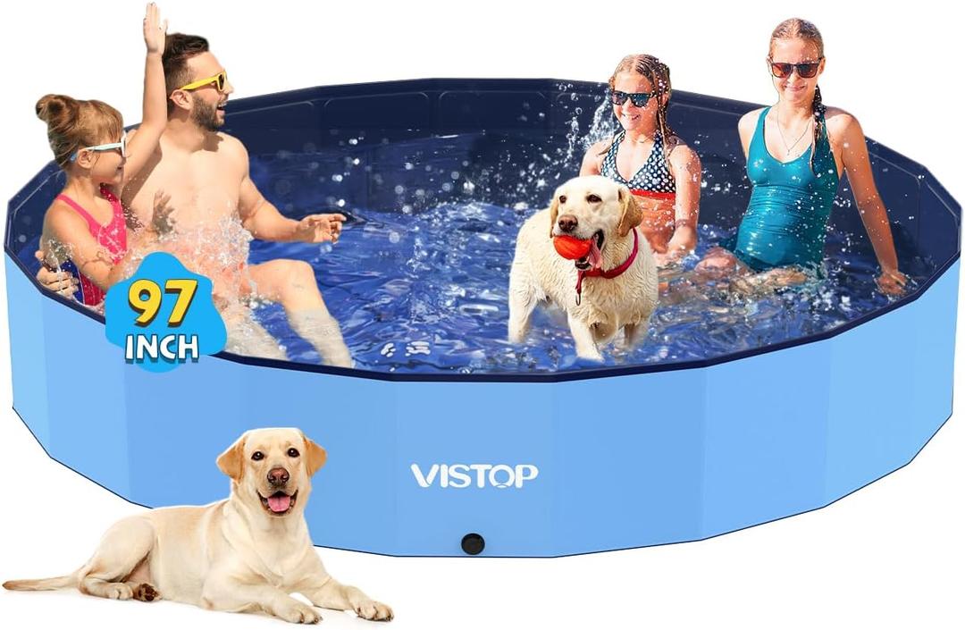 VISTOP Jumbo Foldable Dog Pool, Hard Plastic Shell Portable Swimming Pool for Dogs Cats and Kids Pet Puppy Bathing Tub Collapsible Kiddie Pool (97inch.D x 15.7inch.H, Blue) (5XL- 97" x 16")