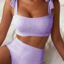 Herseas Women's Tie Shoulder Bikini Sets 2 Piece Striped Swimsuits High Waisted Bathing Suits (Purple, Large)
