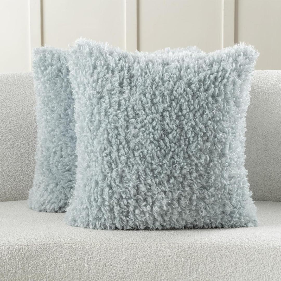 FUTEI Pack of 2 Decorative Throw Pillow Covers 18x18 Inch,Soft Fluffy Faux Wool Fur Boucle Textured Cushion Case,Modern Home Decor for Couch Bed Living Room Office,Light Blue