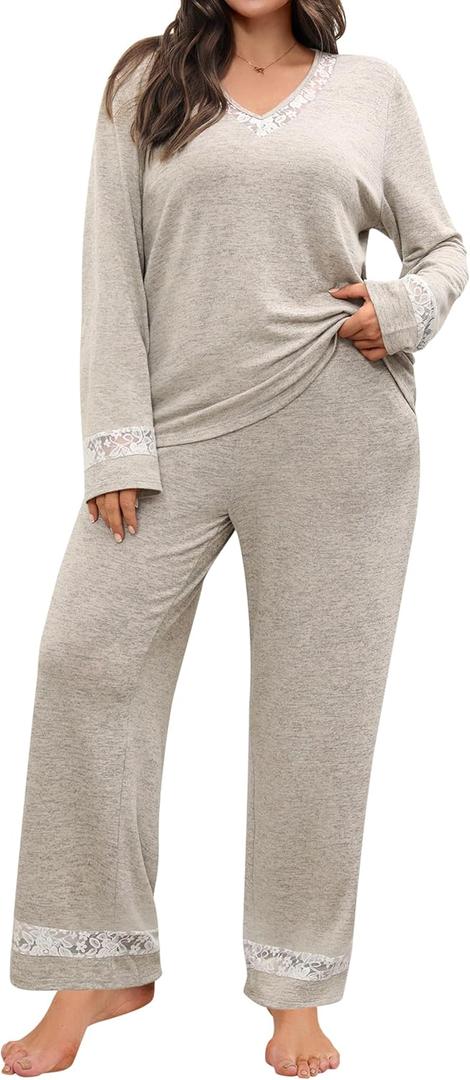 2 x Blooming Jelly Women Plus Size Pajamas Sets Cute Lace Lounge Set Long Sleeve Pj Sets V Neck Loungewear Fall Outfit (Large, Apricot)