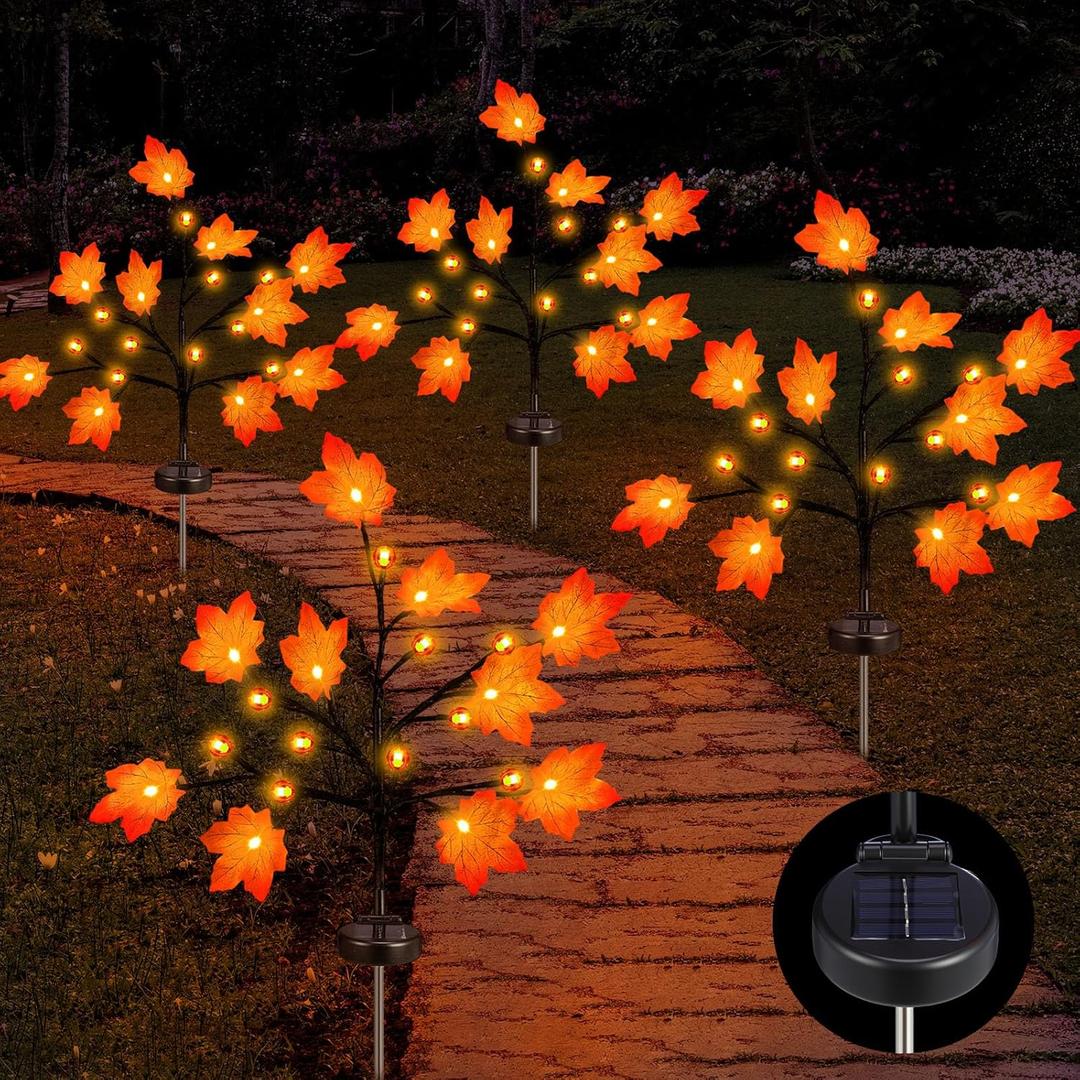 4 Pack Outdoor Fall Solar Lights Decorations Thanksgiving Waterproof Orange Maple Leaf Lights, Autumn Artificial Tree for Halloween Christmas Party Yard Garden Decor, 10 LED 8 Modes