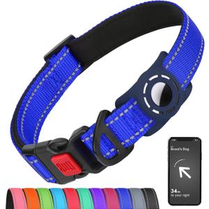 Airtag Dog Collar with AirTag Holder for Large Dogs, Reflective, Soft Padded & Safety Locking Buckle, Nylon Pet Collars Adjustable for All Breeds, NavyBlue,L (L: 1"-(13.5"-22"))
