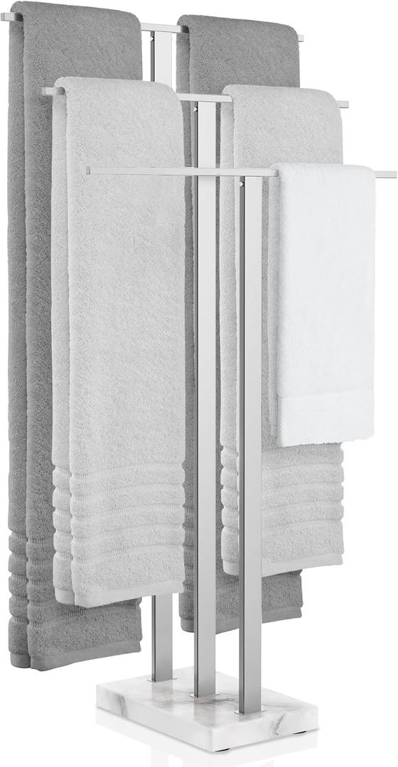 KES Standing Towel Rack 3-Tier with Marble Base, Free Standing Towel Racks for Bathroom Floor, Fits Large Bath Towel & Hand Towel, 18/8 Stainless Steel Polished Finish, BTH217S3, Color: Polished Silver