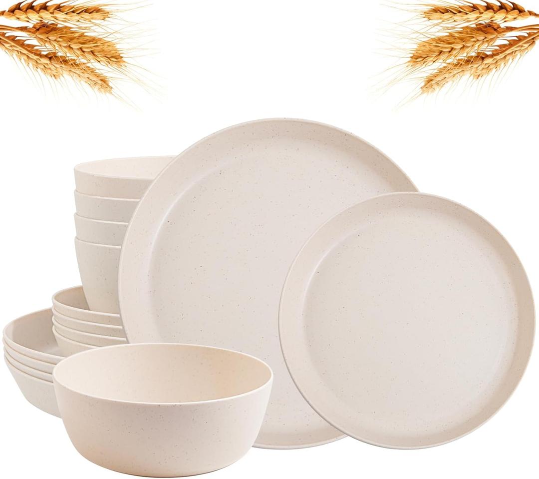 EI 12pcs Wheat Straw Dinnerware Set of 4,Reusable Plastic Plates,Unbreakable Dinner Plates,Deep Dinner Hard Premium Plastic Plate,Microwave Dishwasher Safe for Camping,Picninc,Family Dinner,  Beige Wheat