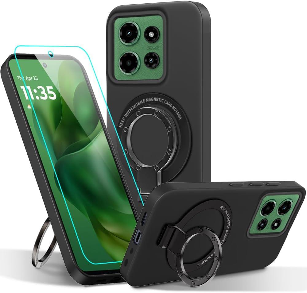 Compatible for Motorola Moto G Power 2025 5G Phone Case, Metal Ring Holder Kickstand/Stand Silicone Protective Cover Case for Moto G Power 5G (2025) - Black