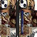 Compatible with iPhone 14/15 Plus Case Cute with Card Holder Slim Slot Phone Wallet Cover for Women/Cowboy Country Wrangler Collage Cow Western Cowgirl Cactus