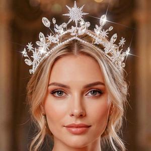 Sparkly Crystal Star Bridal Wedding Taira and Crown Silver Leaf Rhinestone Queen Crown Glitter Birthday Party Hair Accessories for Women