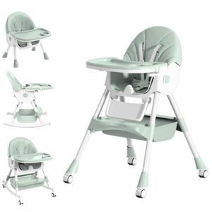 Baby High Chair, 5 in 1 High Chairs for Babies and Toddlers, Travel Foldable High Chair with Foot Rest, Detachable PU Cushion, Double Removable Tray, Adjustable Height & Recline, Locking Wheels (Turquoise)