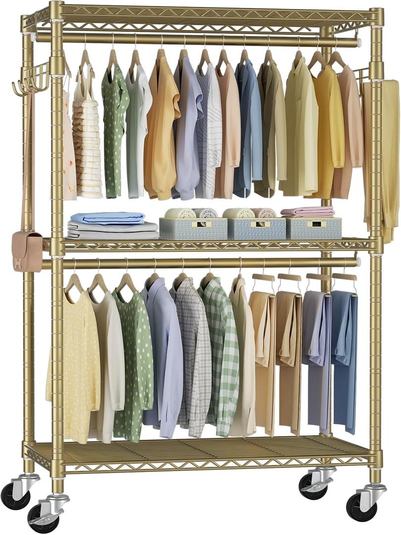 FUTASSI P1 Rolling Clothes Rack, Movable Metal Garment Closet Organizer with Lockable Wheels, Clothing Wardrobe with Double Hanger Rods and Hooks, 35.4" W x 15.7" D x 80.5" H, Load 450lbs, Gold FUTASSI P1 Rolling Clothes Rack, Movable Metal Garment Closet Organizer with Lockable Wheels, Clothing Wardrobe with Double Hanger Rods and Hooks, 35.4" W x 15.7" D x 80.5" H, Load 450lbs, Gold