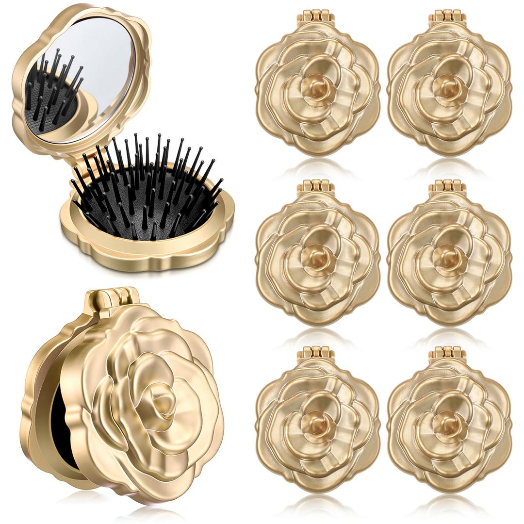 6 Pcs Rose Travel Brush for Women Mother's Day Mini Compact Purse Hair Brush with Mirror Wedding Bridal Bachelorette Favors Portable Pocket Mirror Folding Comb for Hairstyle(Champagne Gold)