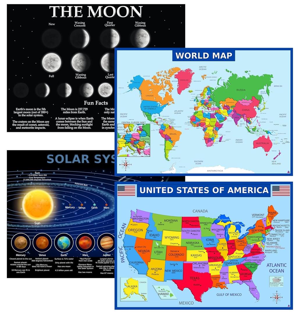 World Map, United States Map, Solar System, and Moon Phases Posters  Laminated 14x19.5 in  Educational Posters, Classroom Decorations, Teachers Supplies, Virtual Learning for Kids, Homeschool Decor
