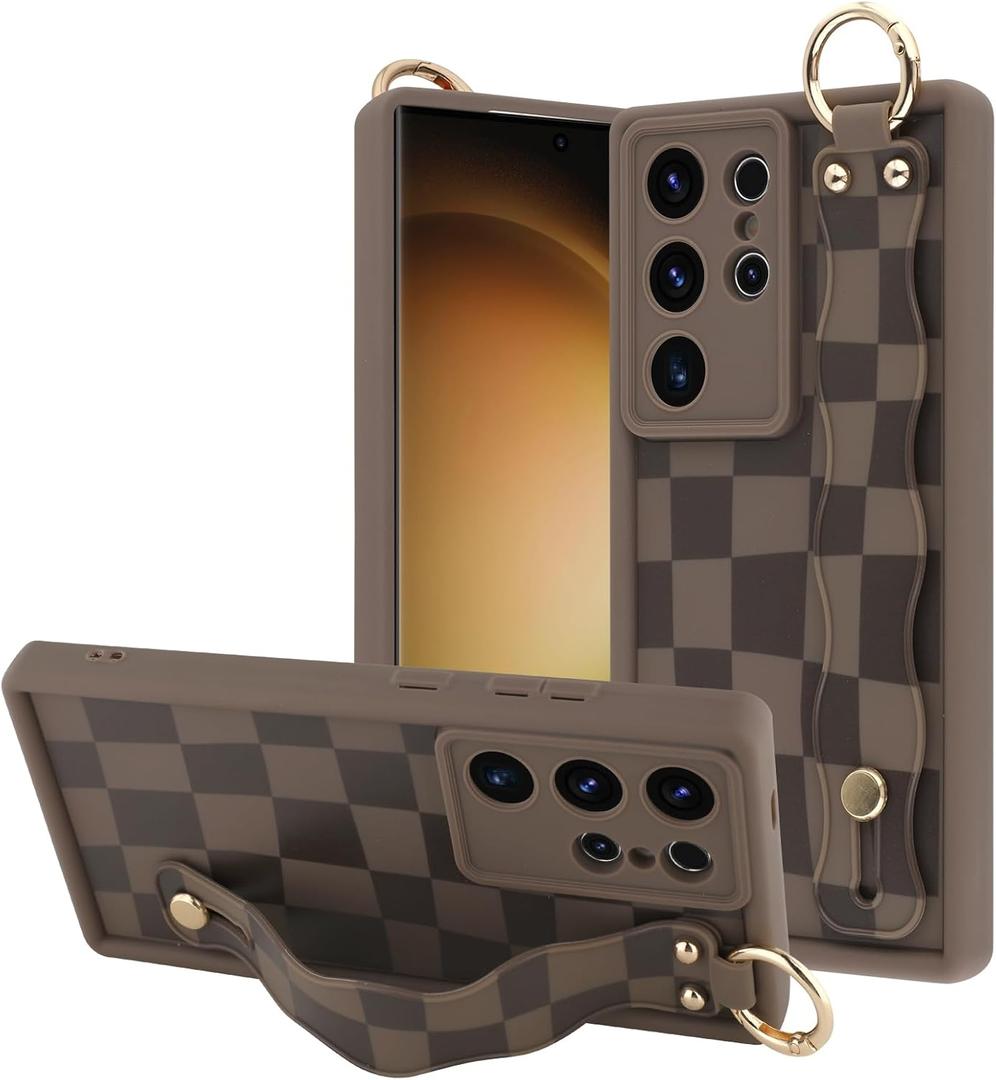 OOK Compatible with Samsung Galaxy S23 Ultra Checkered Case with Wrist Strap, Cute Brown Checkered Checkerboard TPU Shockproof Protection Slim Cover with Camera Protection for Women Girls, for 6.8inch