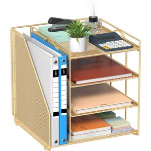 Gold Desk Organizer, 4-Tier Metal Paper Organizer for Desk with Vertical File Holder, Office Accessories and Desktop Storage for Office Supplies (Gold)
