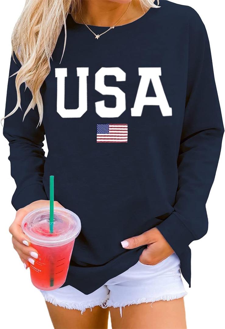 Dressmine Womens Casual Long Sleeve Graphic Tee Shirts Crew Neck Sweatshirts Pullover Tops for Women (Large, 01 Navy Blue Usa Printed)