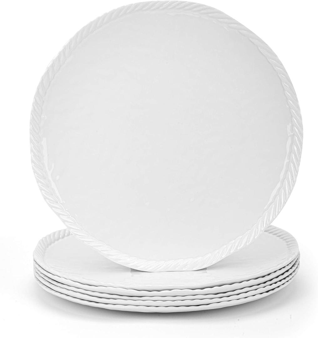 KX-WARE Melamine Plate, 11-inch Dinner Plates with Rope Edge Design, set of 6 White