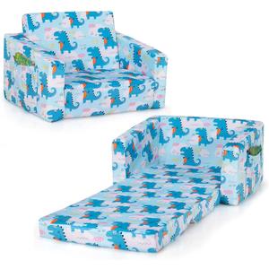 Costzon Kids Couch, 2 in 1 Flip Open Children's Sofa w/Velvet Fabric, Storage Pockets, Toddler Armrest Chair Bed for Nap Play Sleep, Ideal Gift for 0-4 Years Old Baby Boys Girls, Dinosaur