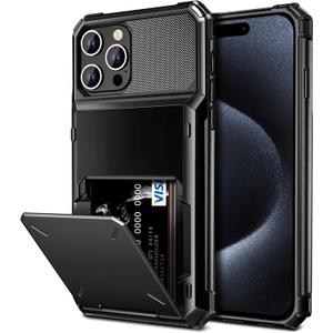 Vofolen for iPhone 15 Pro Max Case with Card Holder, 4-Card Dual Layer Heavy Duty Shockproof Wallet Case, Hidden Flip Card Slot Protective Hard Back Cover for iPhone 15 Pro Max, 6.7'' Black