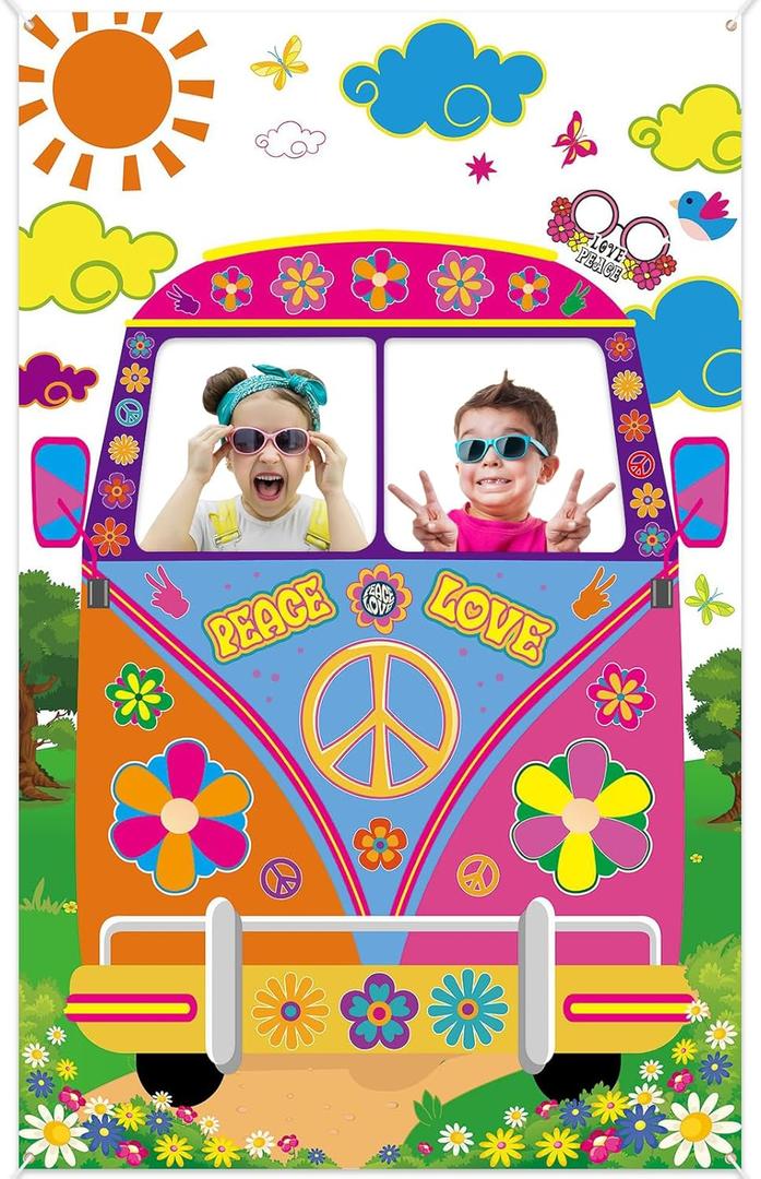 Hippie Bus Photo Prop 60s Party Decorations, 63 x 39.4 Hippie Bus Banner Groovy Frame Backdrop Hippie Selfie Frame Backdrop Background Banner for Birthday 60s 70s Party Favors Supplies