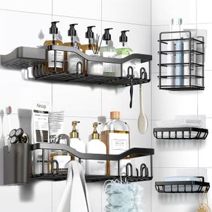 Shower Caddy Adhesive Shower Organizer 7-Pack, Rustproof Stainless Steel Bathroom Shelves, Large Capacity No-Drill Rack Storage Accessories with Soap Dish Toothbrush Holder &24 Hooks Home Decor (7-Piece Set, Black)