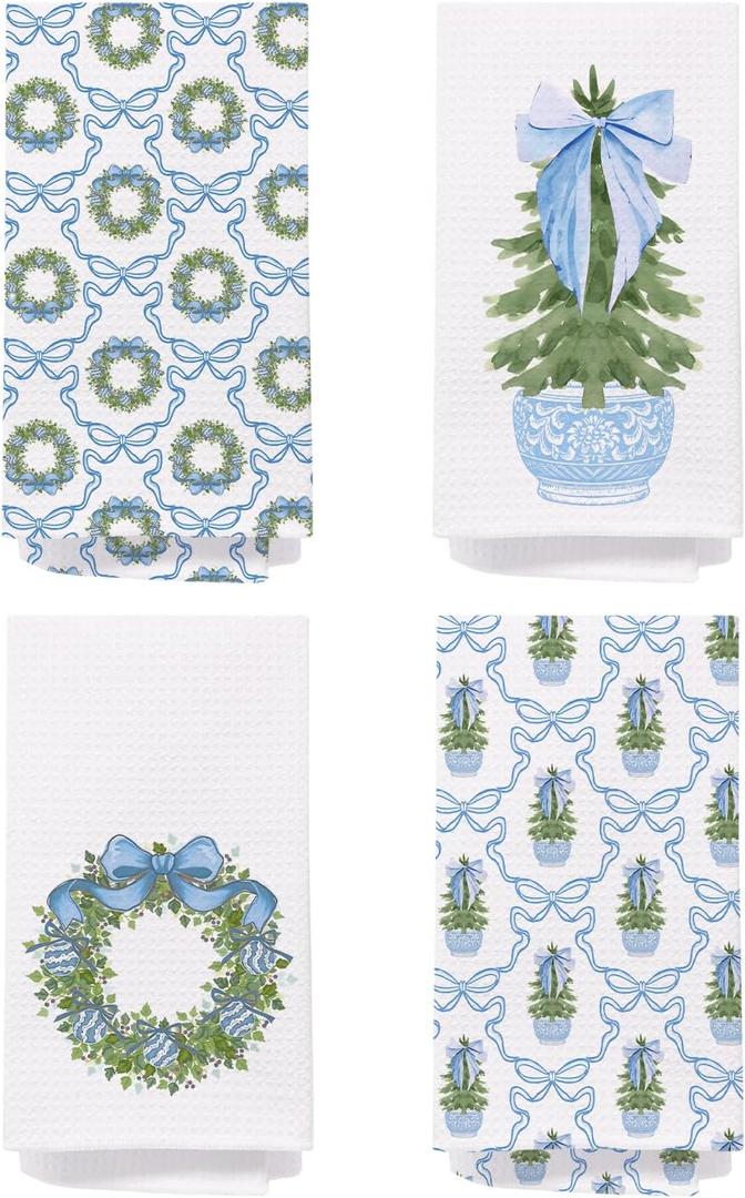 Chinoiserie Christmas Kitchen Towels, Blue Bow Coquette Christmas Tree Dish Towels for Bathroom,Light Blue Christmas Hand Towels for Bathroom Kitchen, Grandmillennial Decor,16x24 Inches Set of 4