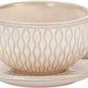 Vintage Design 12 oz Ceramic Latte Art Cappuccino Barista Cup with Saucer (Embossed Beige)