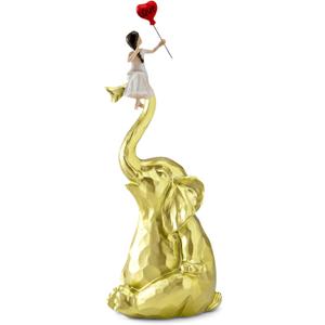 Elephant Statue Home Decor - Handmade Resin Sculpture Girl with Love Balloon Sitting on Elephant Figurines, Gifts for Women Girl Birthday Gold