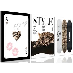 3Pcs Trendy Leopard Canvas Wall Art,Vintage Preppy Aesthetic Stylish Leopard skateboard Funky Lucky 8Ball Cheetah Artwork Posters Print for Bedroom Living Room Bathroom Decoration12X16in Framed, 16"Lx12"W