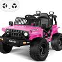 FUNTOK 12V 7AH Ride On Truck, Electric Car for Toddlers 1-3 w/Remote Control, LED Lights, 3 Speeds, Spring Suspension, Soft Start, Bluetooth Speaker, Music Player, Gifts for Boys and Girls (Pink)