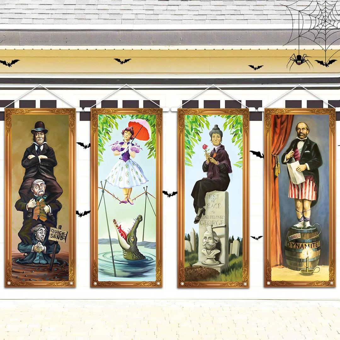 Halloween Decorations Large 4 PCS Haunted Mansion Stretching Portraits Banner Indoor Haunted Mansion Vintage Halloween Decor Horror Backdrop Poster Hanging Porch Sign for Outdoor Holiday Home Wall