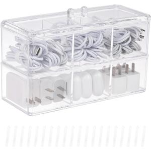 Yesesion Plastic Cable Management Boxes Set with Lid and 20 Wire Ties, Clear Power Cord Case with 3 Compartments, Electronics Organizer Desk Drawer Accessories Storage for Office Supply (2 PACK)