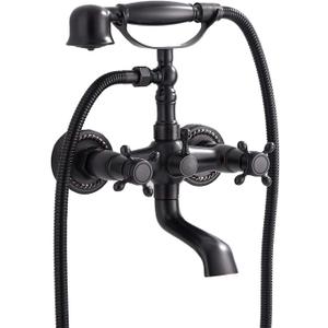 Oil Rubbed Bronze Tub Faucet GGStudy Clawfoot Bathtub Faucet Wall Mount Hand Held Shower Faucet Set Double cross Handle with Center with Adapter Adjustable Swing Arms