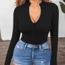 MANGOPOP Long Sleeve Body Suit Mock Turtle Neck Zip Up Bodysuit for Women Ribbed Deep V Sexy Bodysuit Shirts (M)