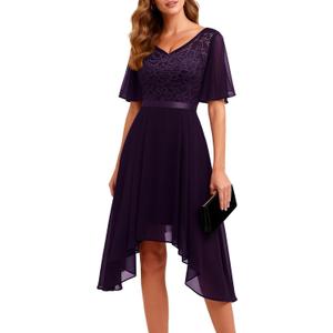 BeryLove Cocktail Formal Party Dress Bridesmaid Wedding Guest A Line Lace Elegant Flowy Prom Dresses, L
