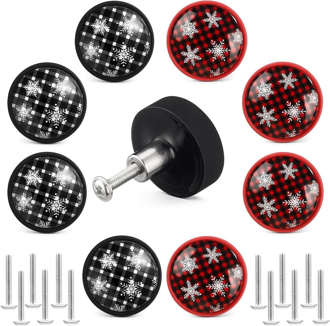 Fumete 12 Pieces Christmas Buffalo Plaid Cabinet Knobs Covers Red Black Plaid Drawer Knobs Dressing Cupboard Wardrobe Closet Pulls Handle with Screws for Christmas Holiday Decor, 1.1 Inches/ 28 mm
