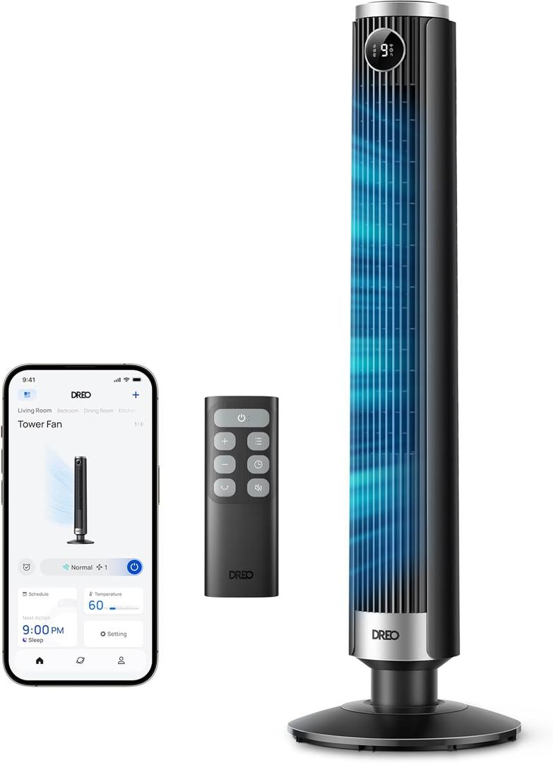 DREO Smart Tower Fan for Bedroom, 40-45 Adjustable Height, 9 Speeds | 28 ft/s Velocity, Quiet Fan with DC Motor, 4 Modes, 90Oscillating Standing Fan, 12H Timer for Home, APP and Voice Control
