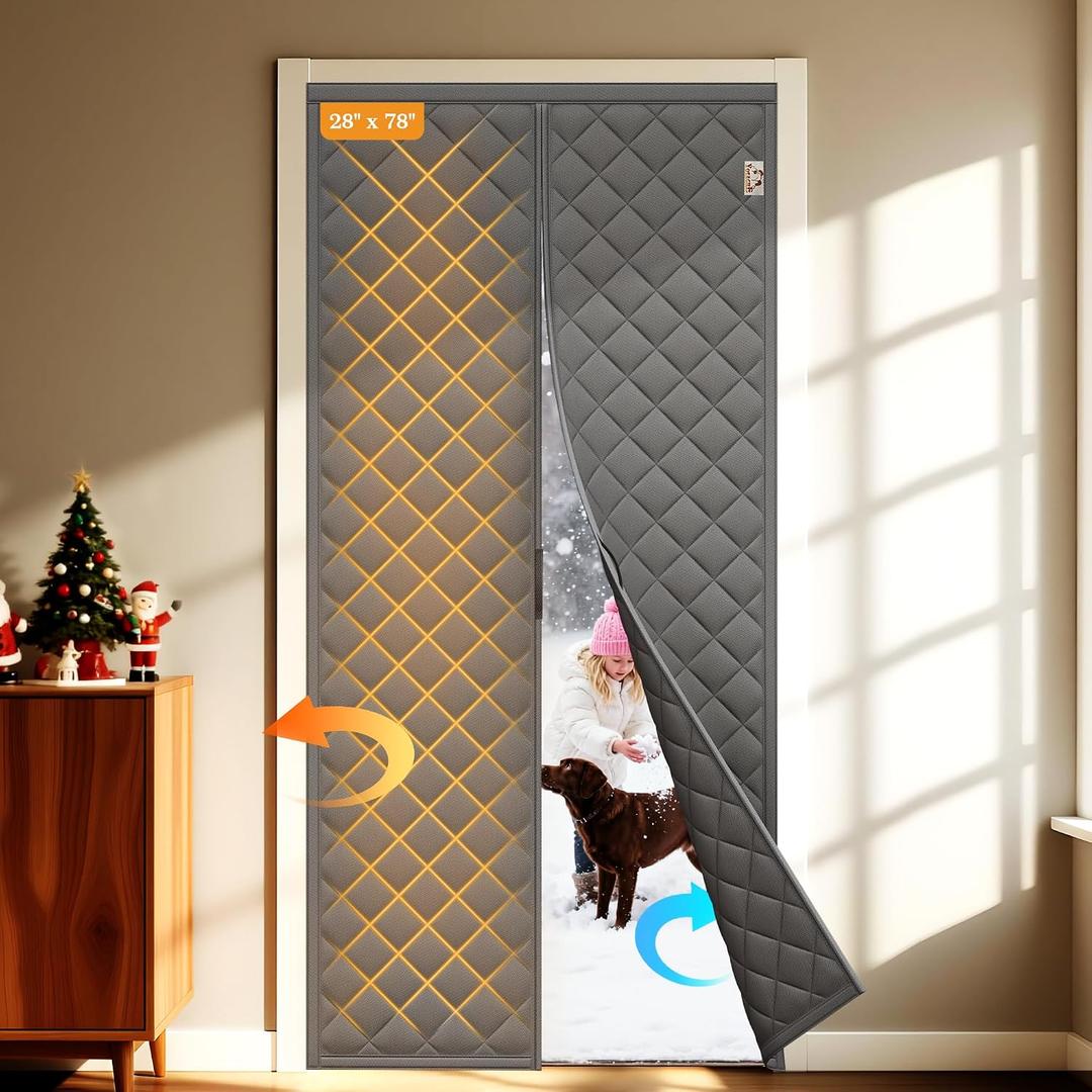 Yotache Magnetic Thermal Insulated Door Curtain Fits 28 x 78 inch Doors, Curtain Size 30" x 80" Weatherproof Oxford Material Doors Screen Covers Keep Cold Drafts Out, Gray