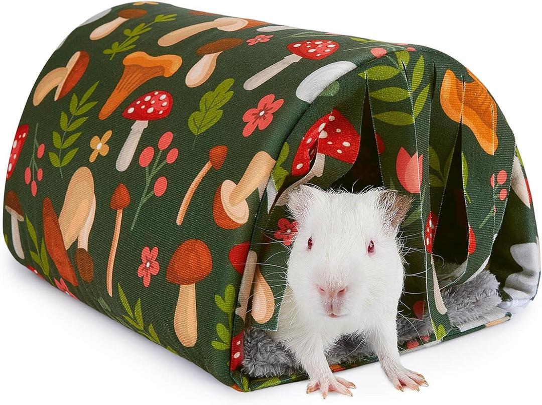 Washable Guinea Pig Tunnel with Curtains - Cozy Hamster Hideout Fit for Small Animals - Soft Accessories for Hamster/Chinchilla/Bunny (Mushrooms)