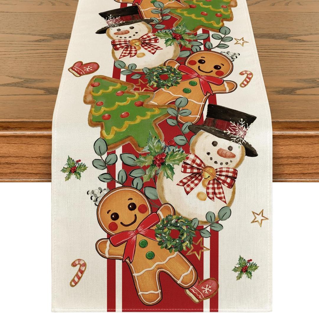 Artoid Mode Gingerbread Snowman 210 GSM Christmas Table Runner, Seasonal Winter Tree Kitchen Dining Table Decoration for Home Party Decor 13x48 Inch (Beige-red)