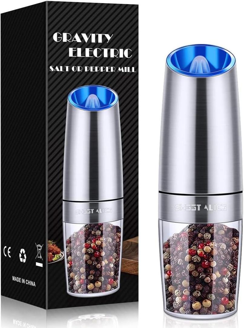 Sweet Alice Gravity Electric Pepper/Salt Grinder, Salt and Pepper Mill & Adjustable Coarseness, Battery Powered with LED Light, One Hand Automatic Operation, Stainless Steel (Single/Silver) (2.5*2.5*7.9inch)