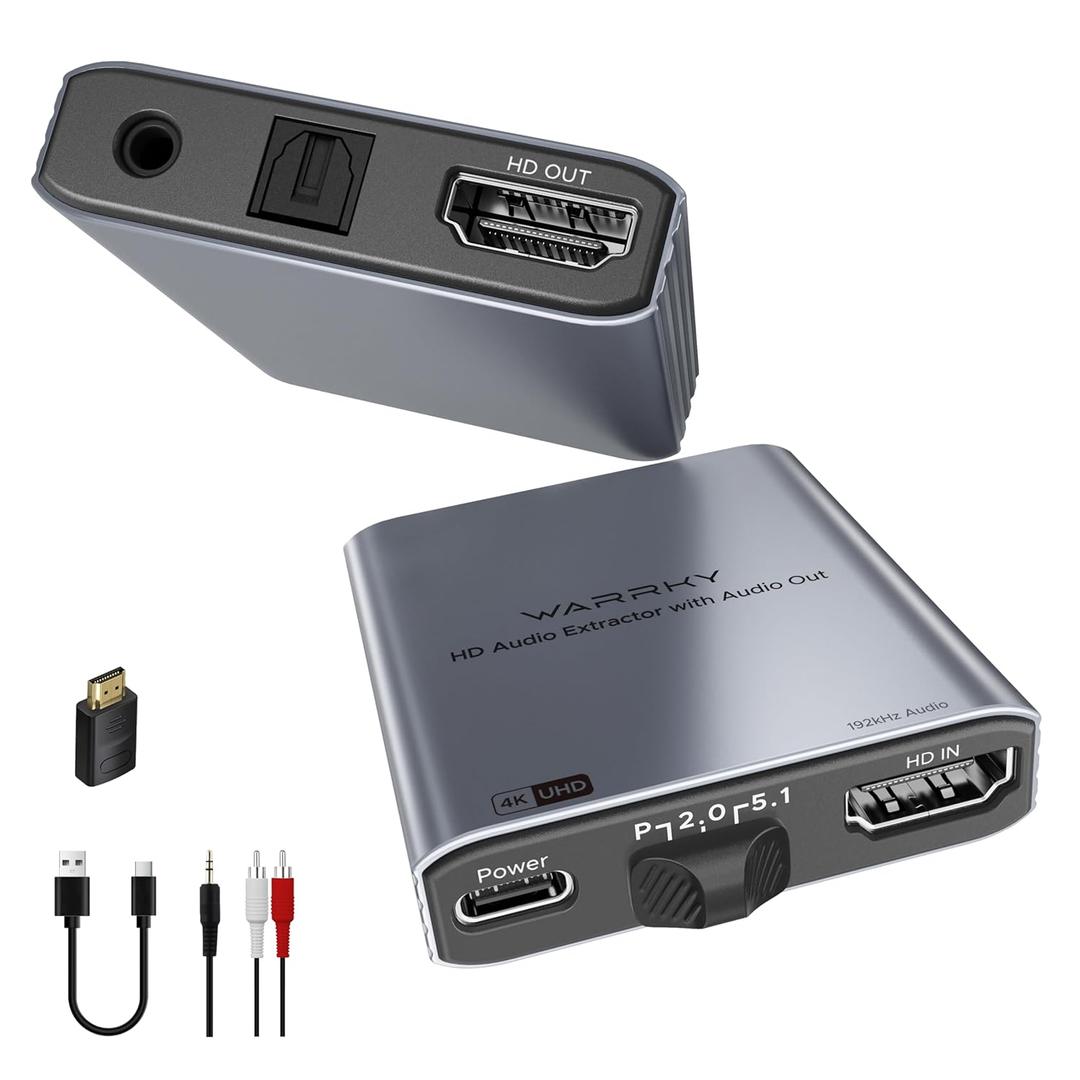 WARRKY 4K HDMI Audio Extractor, Convert HDMI to Optical S/PDIF and 3.5mm Aux RCA, [Supports Dolby Atmos Digital Plus, DTS], for TV Fire Stick, Speakers, PS5, Blu-ray Player, Amplifier, Headphones