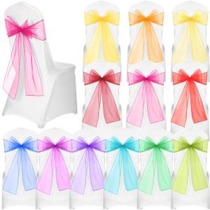 Panelee 36 Pcs Elegant Organza Assorted Color Chair Sashes Pastel Rainbow Bows Sheer Fabric Chair Ties for Wedding Banquet Party Decoration (As Shown in Pictures)