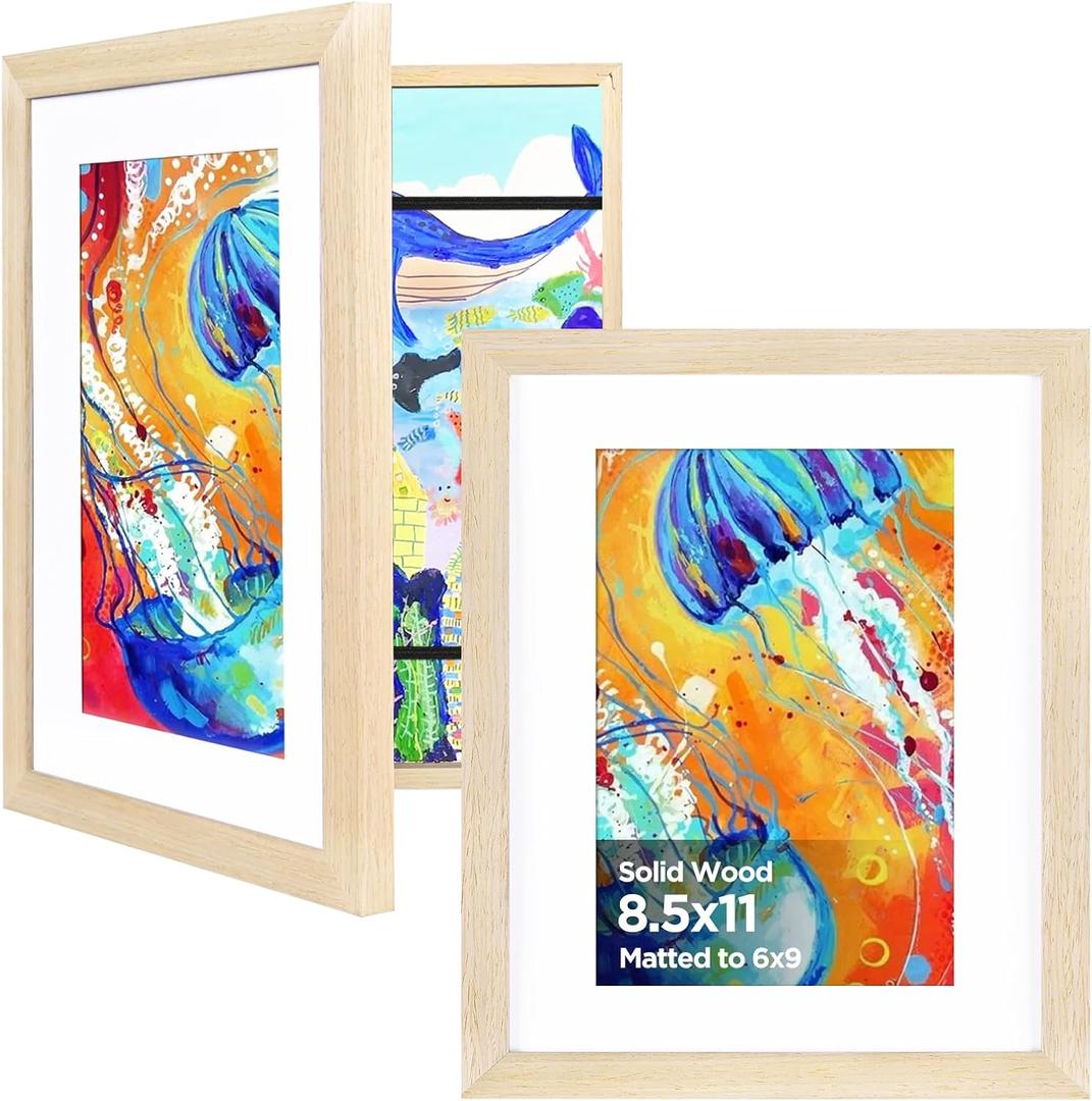 KINLINK 8.5x11 Kids Art Frame Set of 2, Solid Wood Kids Artwork Frames Changeable with Front Opening Hold 150 Pictures, Art Frames for Kids Art with Matwithout Mat 8.5x11 Picture Frame Natural