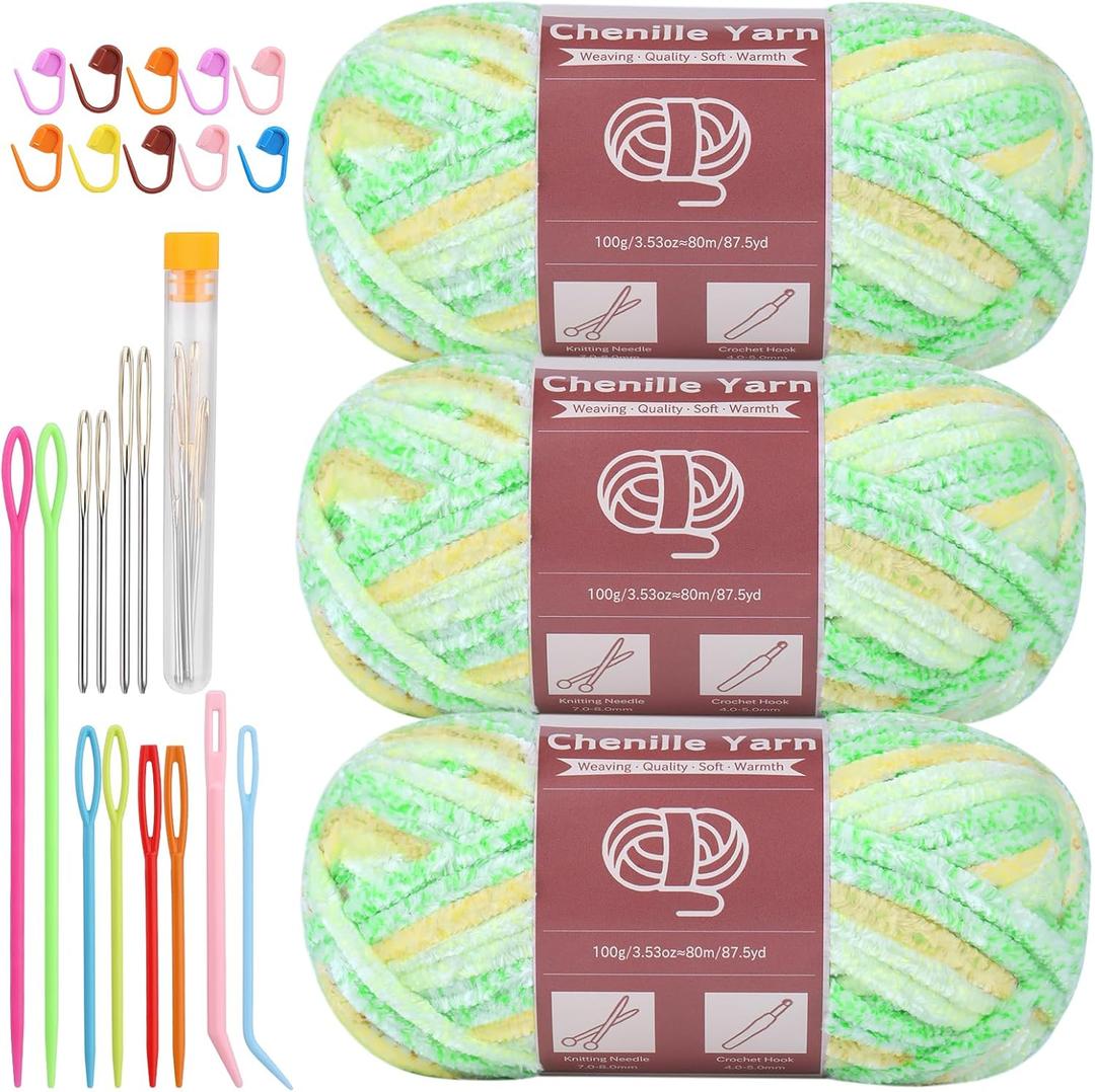 3 * 100g Chenille Yarn, Yarn for Crocheting Knitting with Big Eye Needles, Handcrafts Weaving Soft Chenille Yarn for Making Blankets Clothes Pattern Knitting Creations (Yellow Green Gradient)  